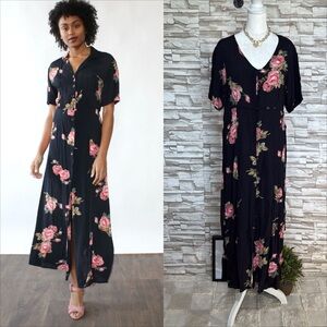 EQUATION Large Floral Black Button Down Maxi Dress